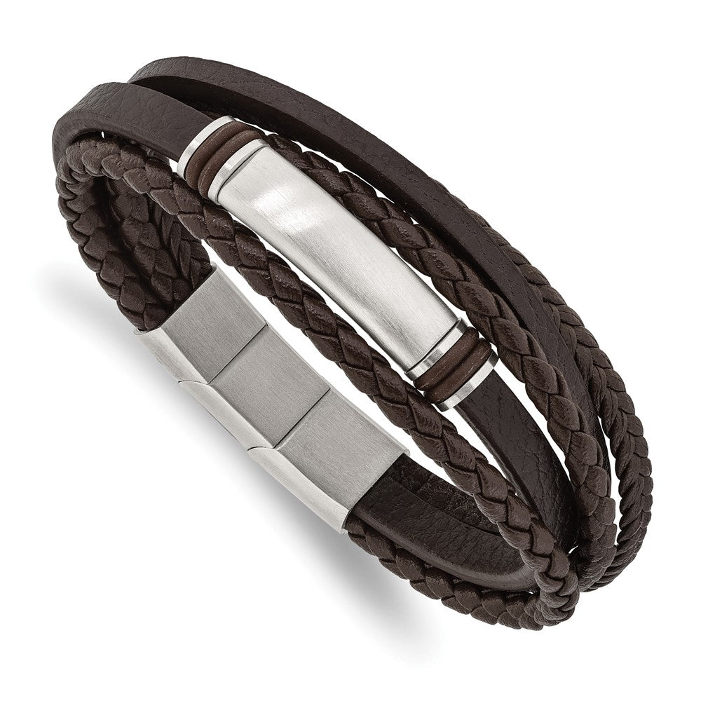 Stainless Steel Brushed Brown PU Leather & Rubber 8in w/.5in ext Bracelet 8 inches
