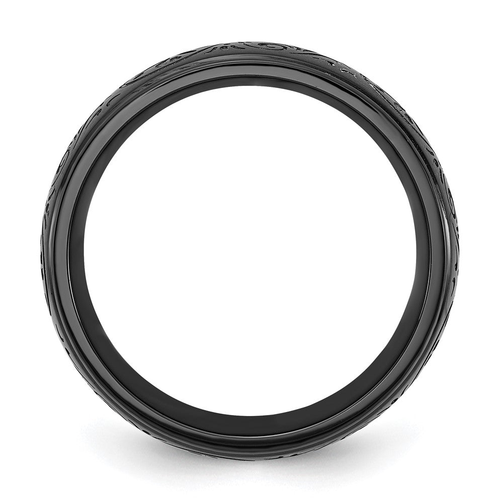 Stainless Steel Polished Black IP Etched Design Ridged Edge 7.5mm Band Size - 9.5
