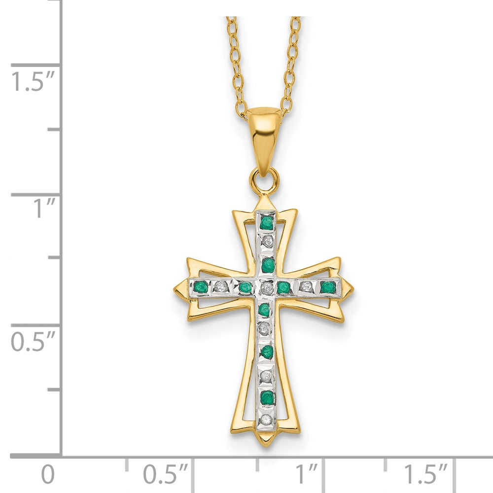 Diamond Fascination Diamond Mystique Sterling Silver 18K Gold-plated Diamond and Emerald Cross 18 Inch Necklace 18 Inches