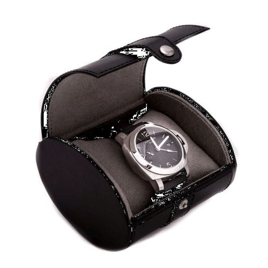 Black Leather Velour Lined Snap Closure Single Watch Travel Case QGM13302