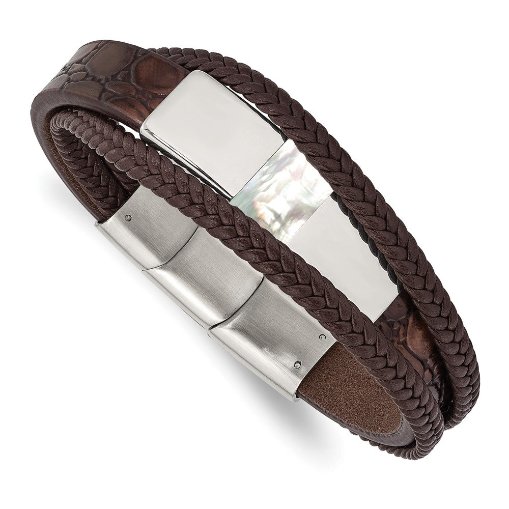 Stainless Steel Polished with Shell Pearl Leather 8in w/.5in ext Bracelet 8 inches