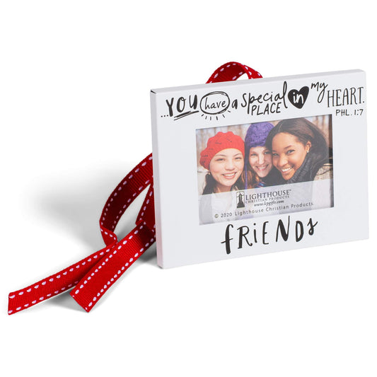 Lighthouse Christian Products Friends Scripture Ink White 4 x 3 Metal Holiday Photo Frame Hanging Ornament