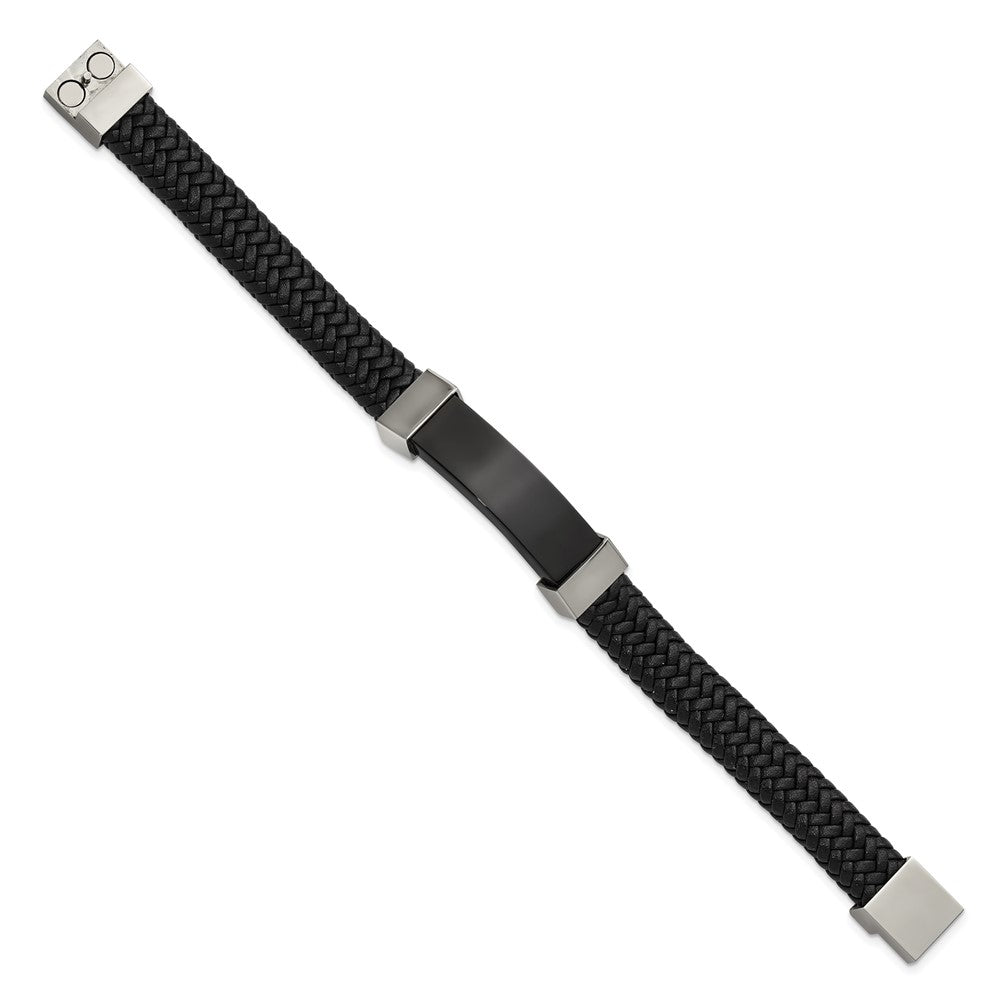 Stainless Steel Polished Black IP-plated Black Leather 8.5in Bracelet 8.5 inches