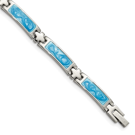 Stainless Steel Polished w/Blue Enamel 7.25in Bracelet 7.25 inches