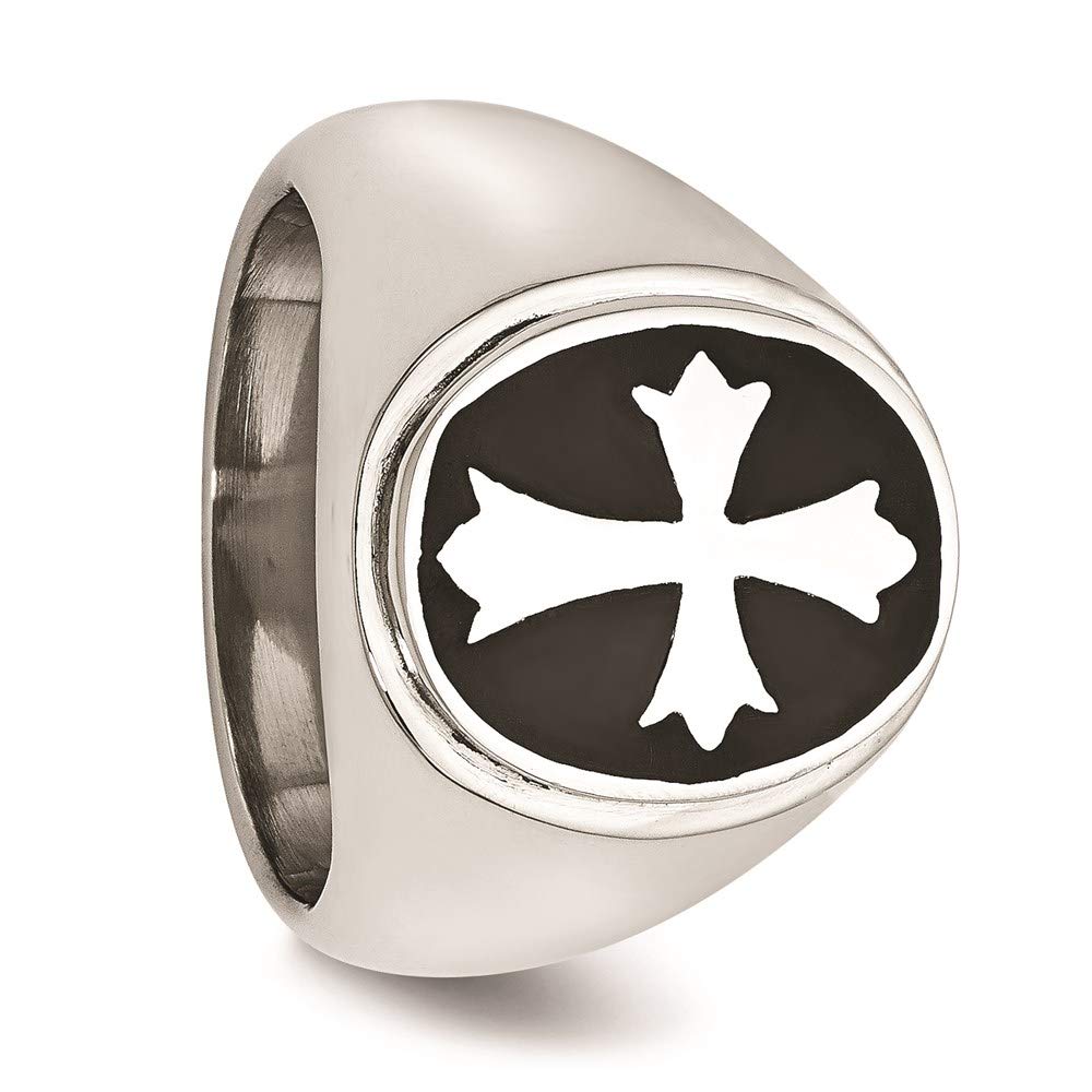 Stainless Steel Polished Black Enameled Cross Ring Size - 9