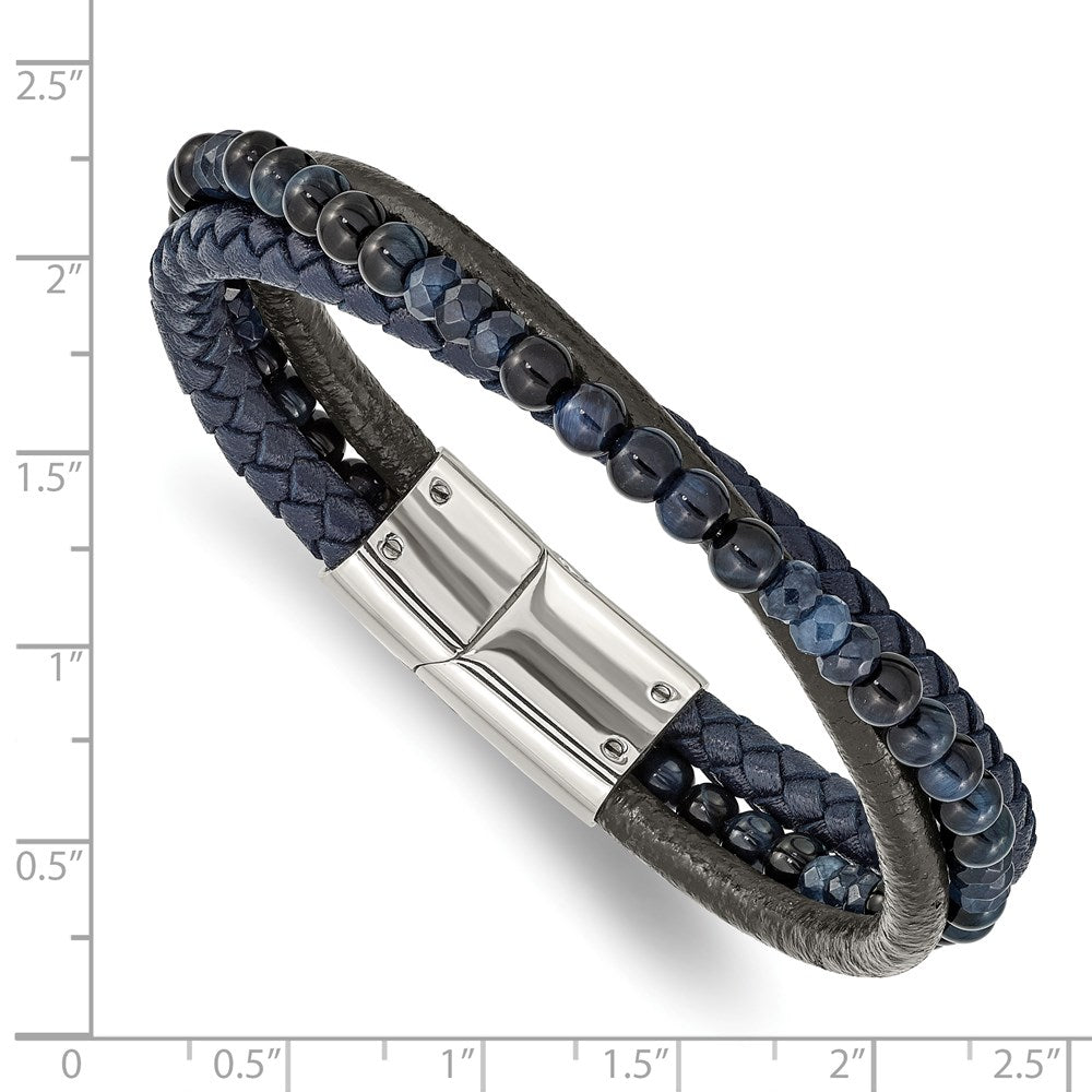 Stainless Steel Polished with Blue Chalcedony/Tiger's Eye Leather Bracelet 8.25 inches