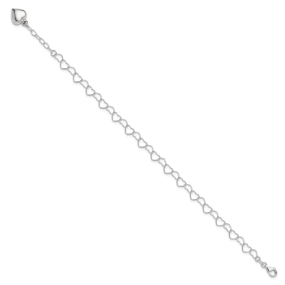 Sterling Silver Polished Puffed Heart 9 in Plus 1in ext. Anklet 9 inches