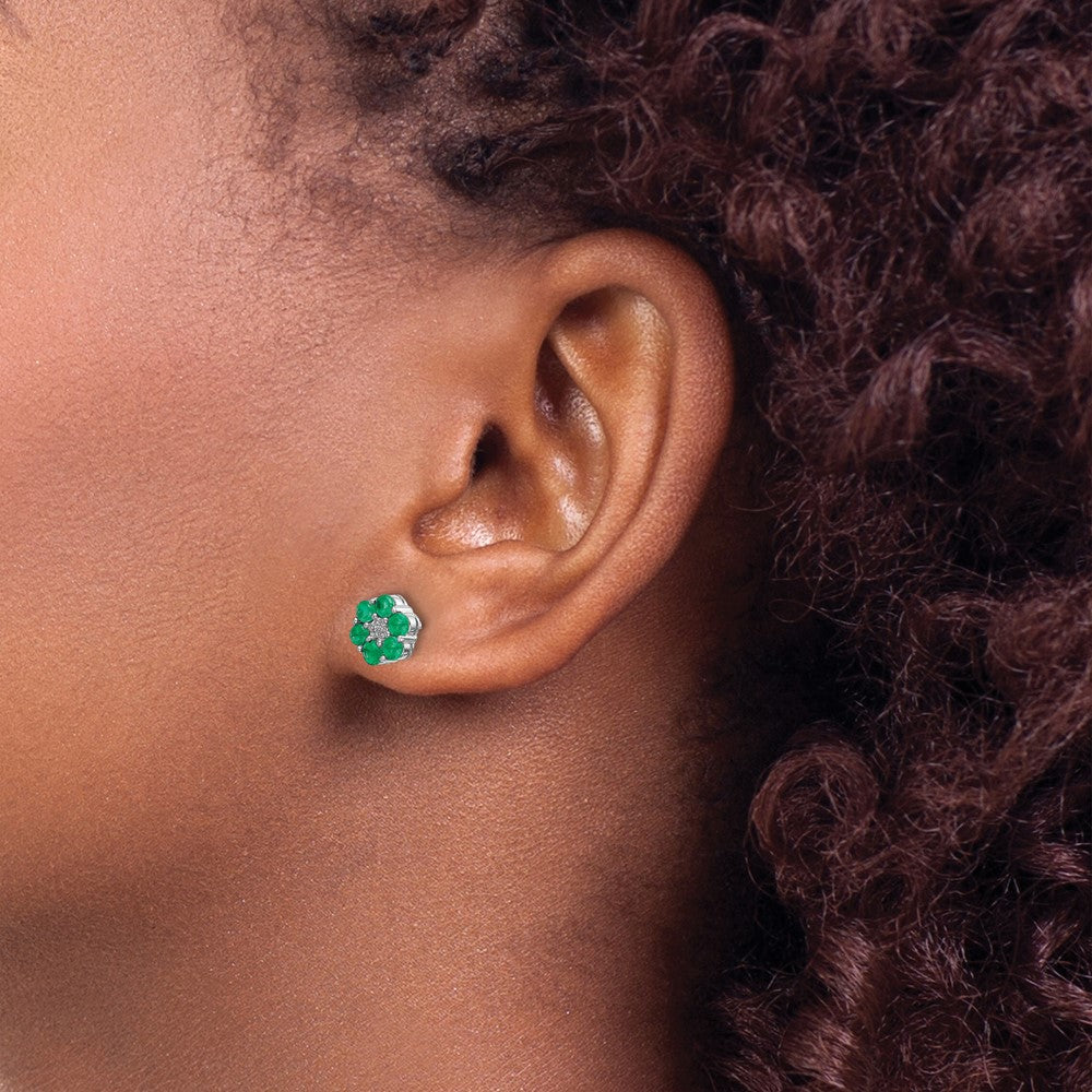 10k White Gold Polished Emerald and Diamond Post Earrings
