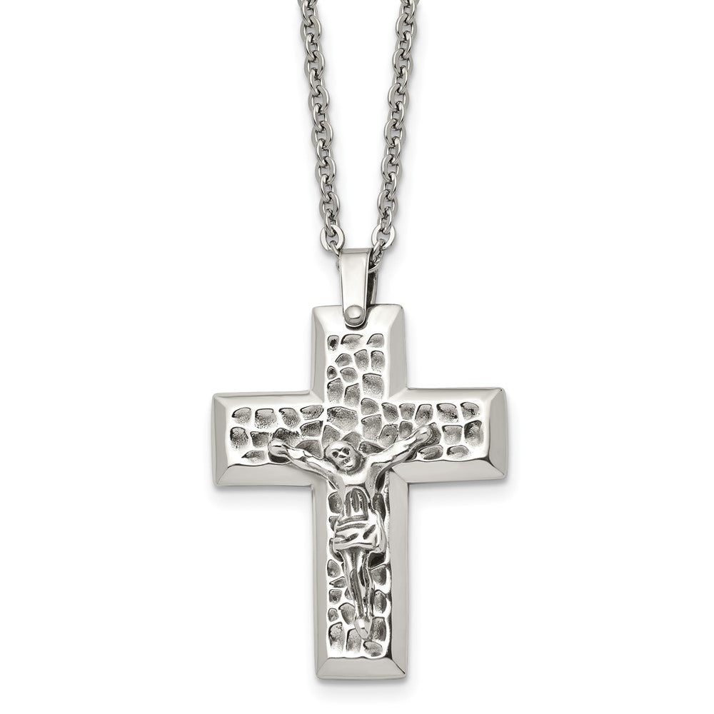 Stainless Steel Polished & Textured Crucifix 20in Necklace