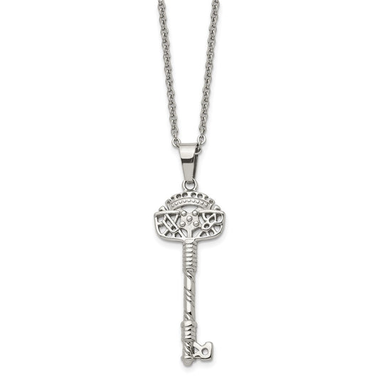 Stainless Steel Polished and Textured Key 22in Necklace