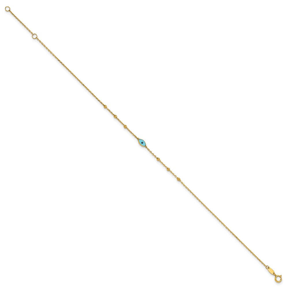 14k Diamond-cut Bead Stations Blue Glass Evil Eye 9 inch with 1 inch Extender Anklet
