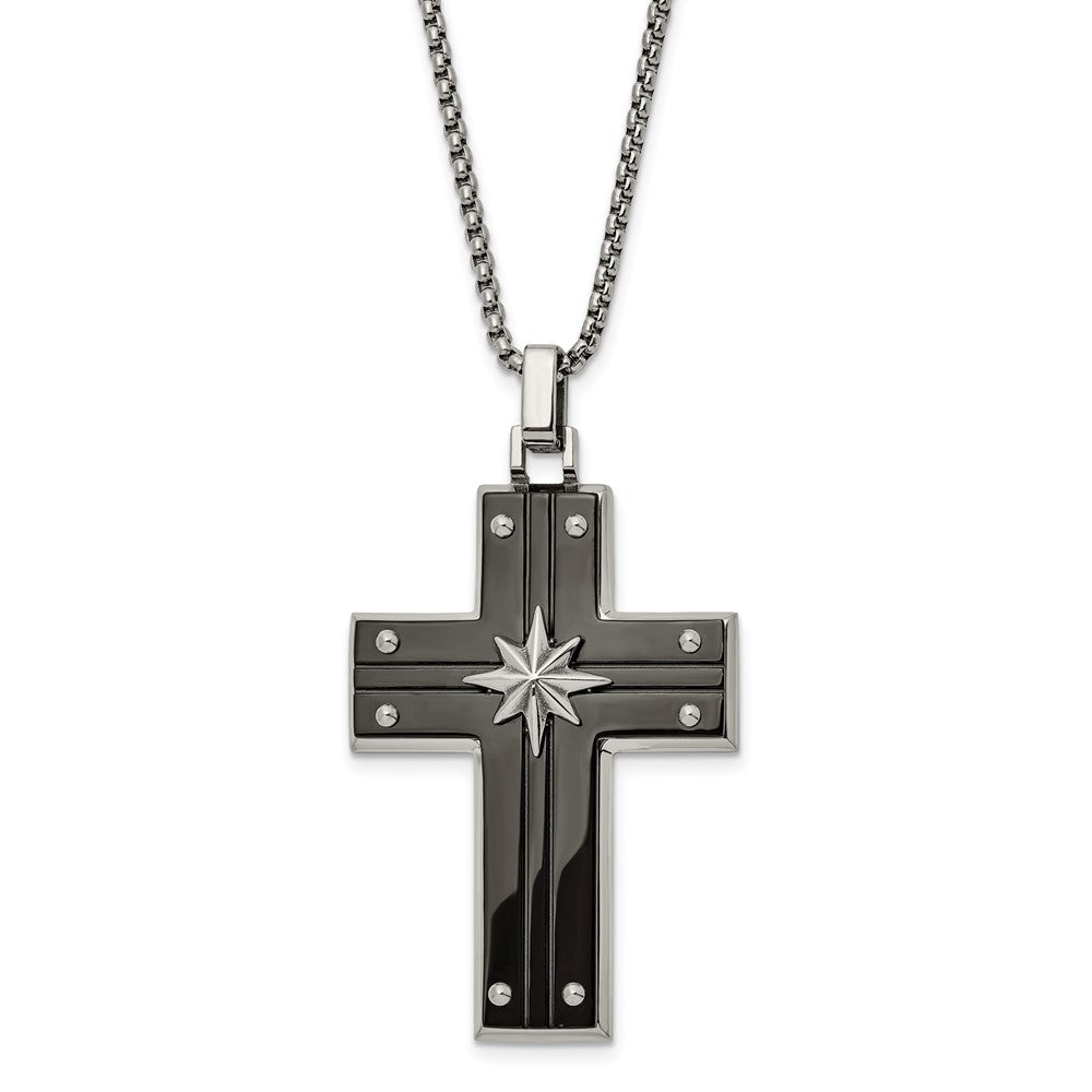 Stainless Steel Polished Black IP Cross w/Starburst 24in Necklace