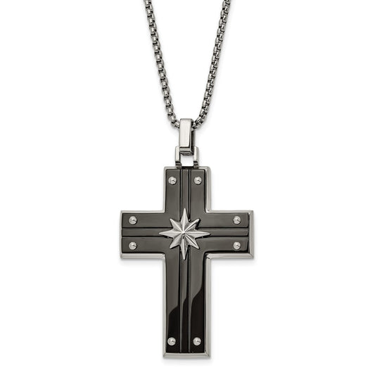 Stainless Steel Polished Black IP Cross w/Starburst 24in Necklace