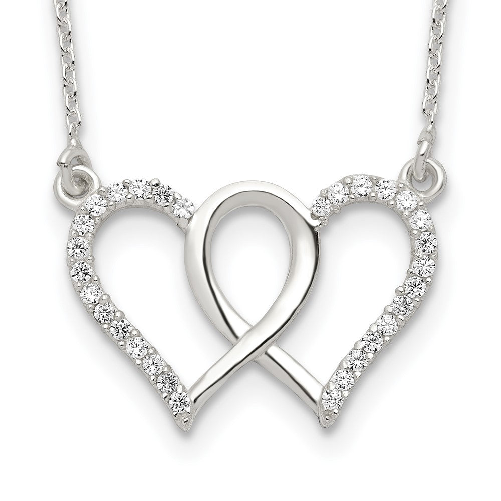 Sterling Silver Polished Interconnected CZ Double Hearts 18 inch Necklace 18 Inches