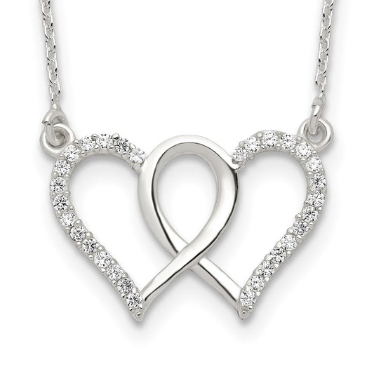 Sterling Silver Polished Interconnected CZ Double Hearts 18 inch Necklace 18 Inches