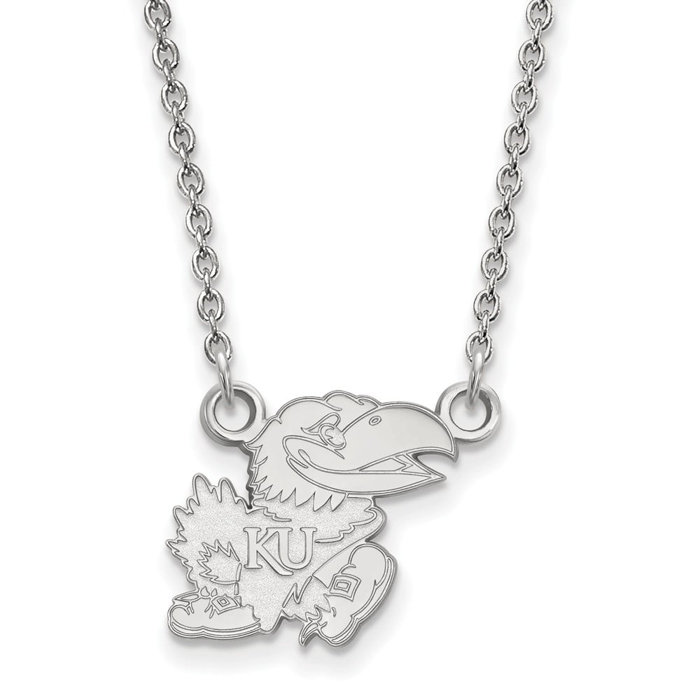 Sterling Silver Rhodium-plated LogoArt University of Kansas Jayhawk Small Pendant 18 inch Necklace QSS057UKS-18