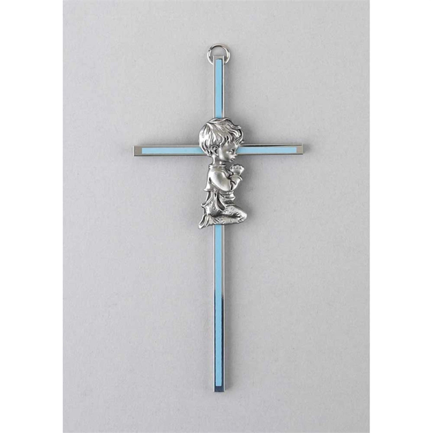 Blue Enameled Silver-tone Metal Praying Boy Wall Cross