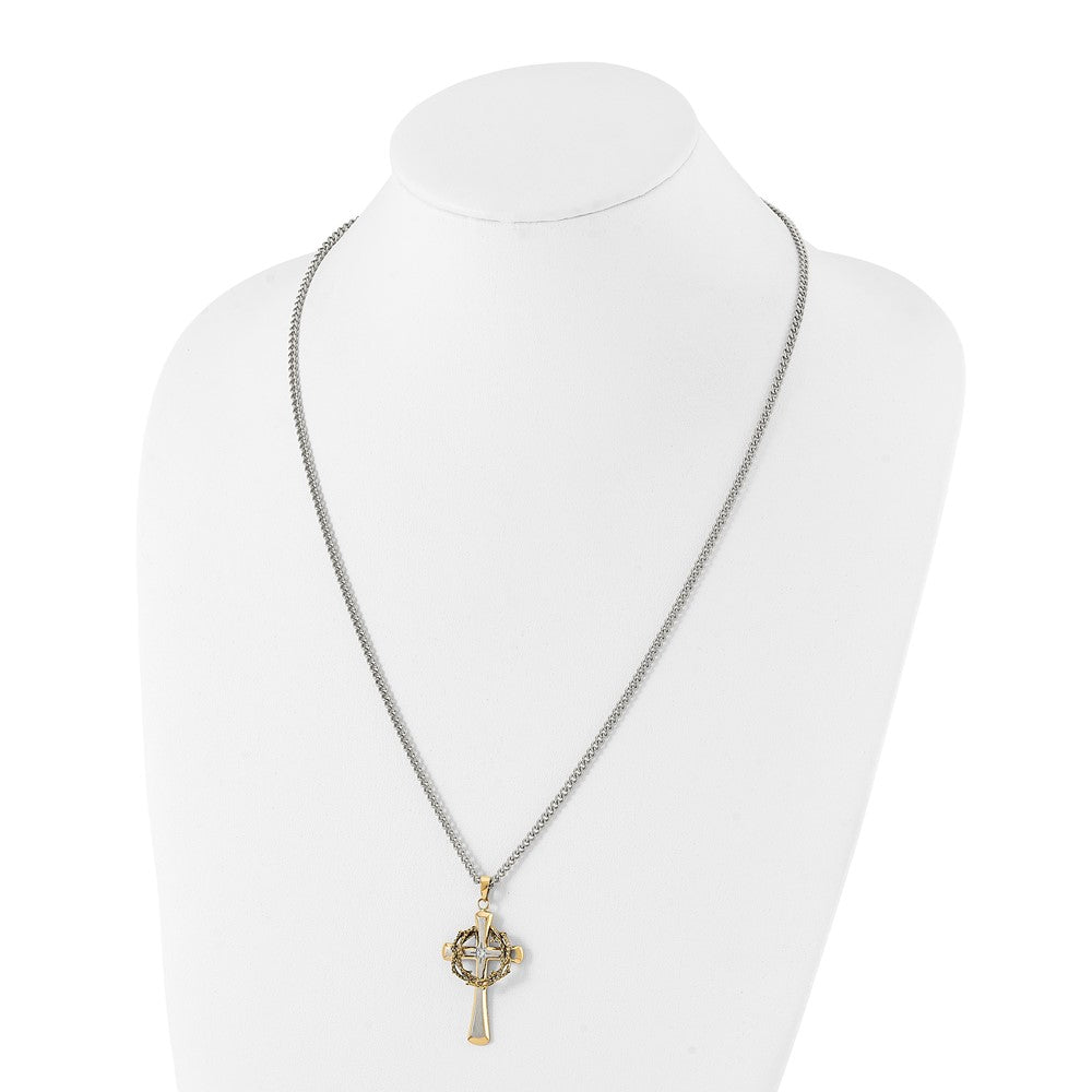 Stainless Steel Brushed and Polished Yellow IP w/CZ Cross 24in Necklace