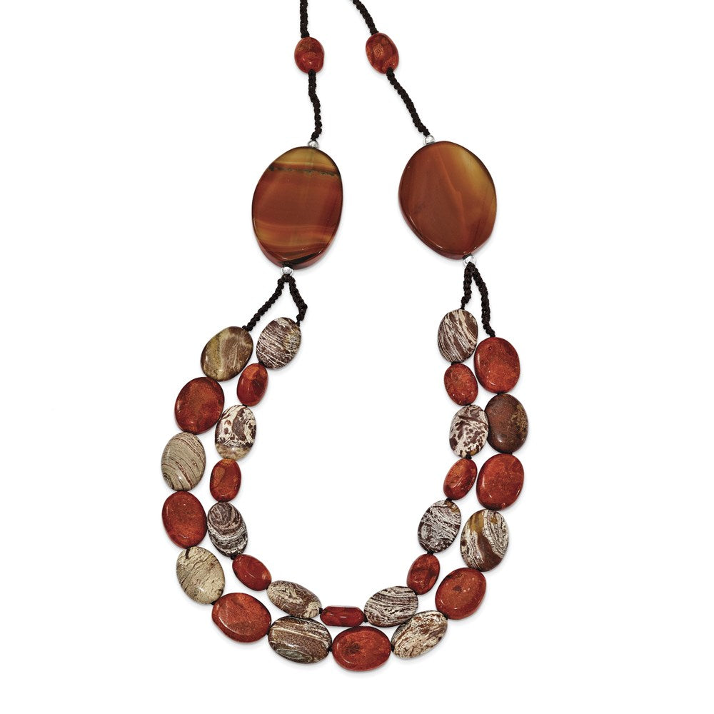 Sterling Silver Carnelian/Reconstituted Coral/Red Zebra Jasper Necklace 26 Inches