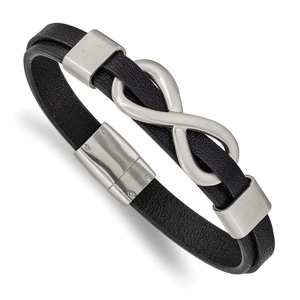 Stainless Steel Brushed & Polished Black Leather Infinity Sign Bracelet 8 inches