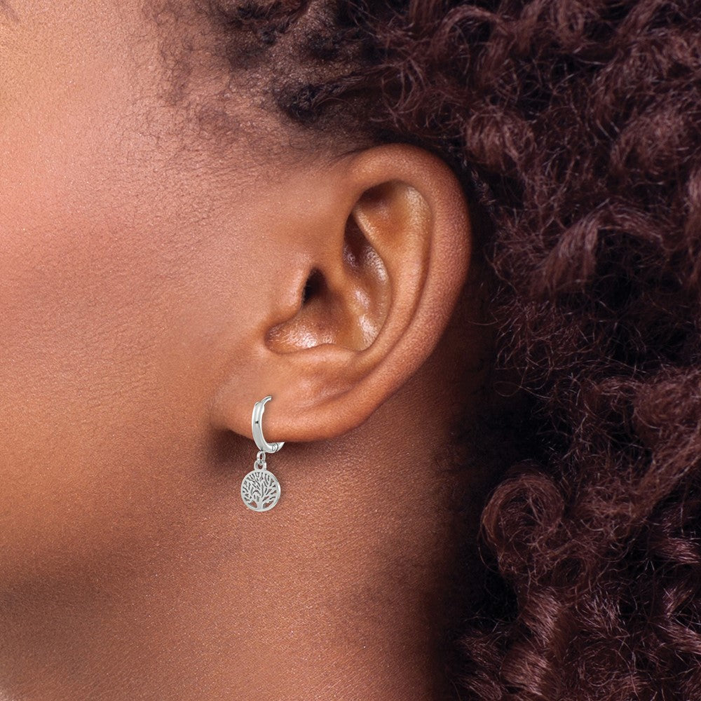 Stainless Steel Polished Tree Dangle Hoop Earring