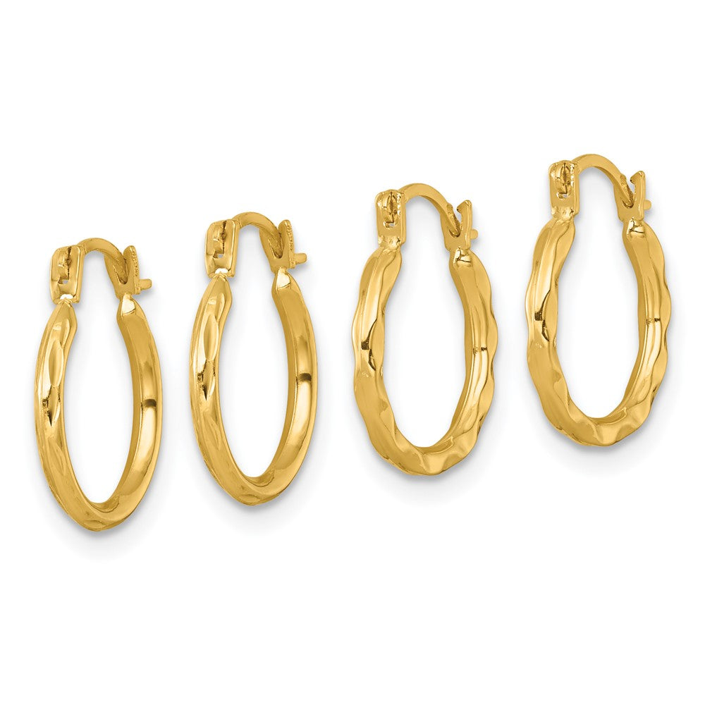 10k Diamond-cut and Textured Set of Two Pairs Hoop Earrings