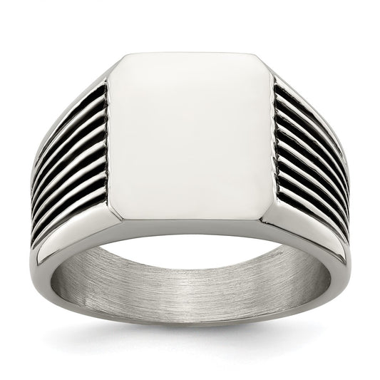 Stainless Steel Polished with Black Enamel Signet Ring Size - 12