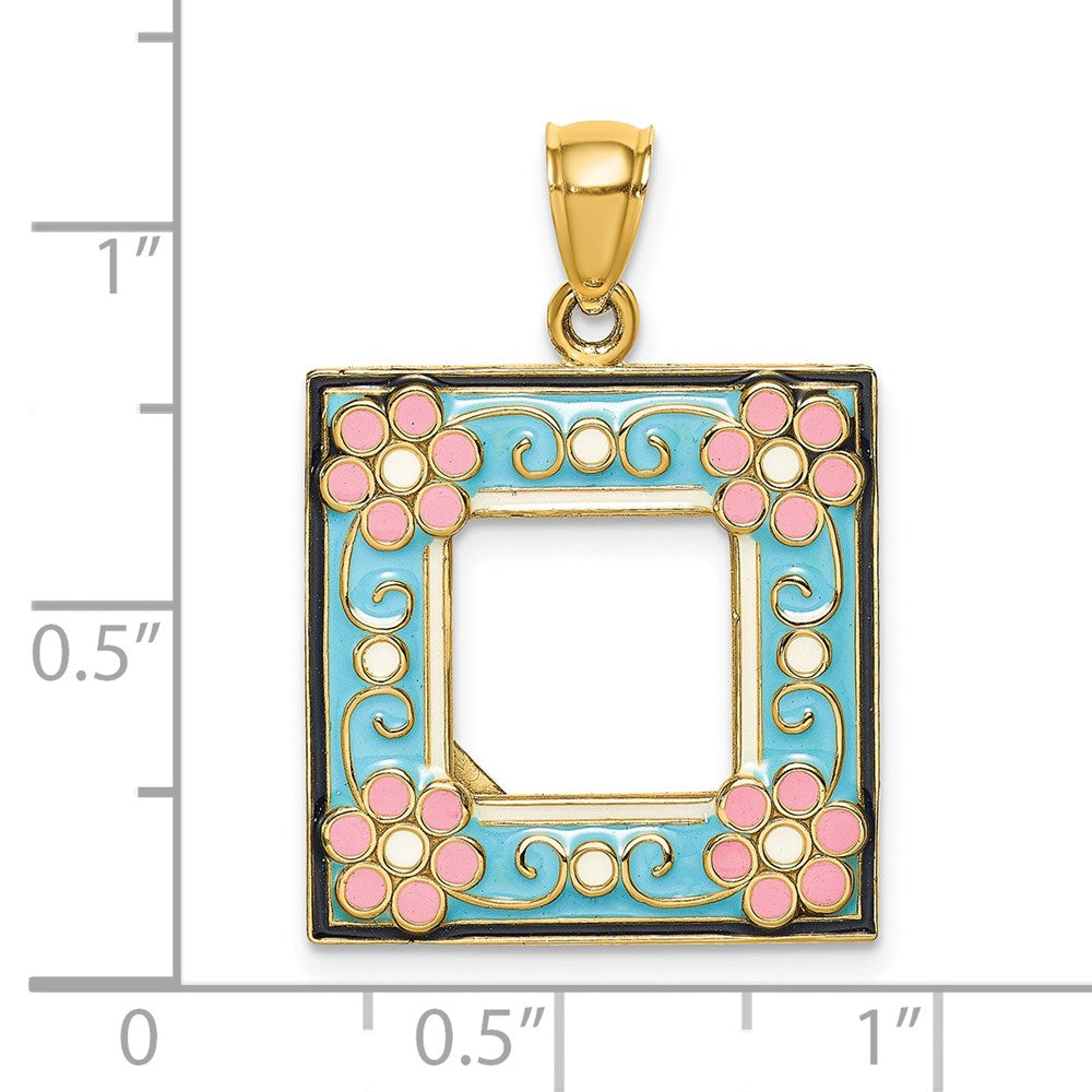 14K w/ Enamel Aqua Floral Picture Frame Charm
