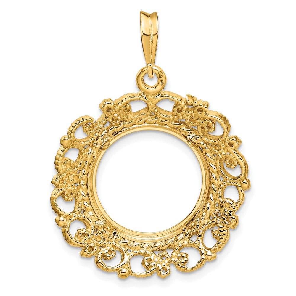 Wideband Distinguished Coin Jewelry 14k Polished and Textured Victorian 15.0mm Prong Coin Bezel Pendant