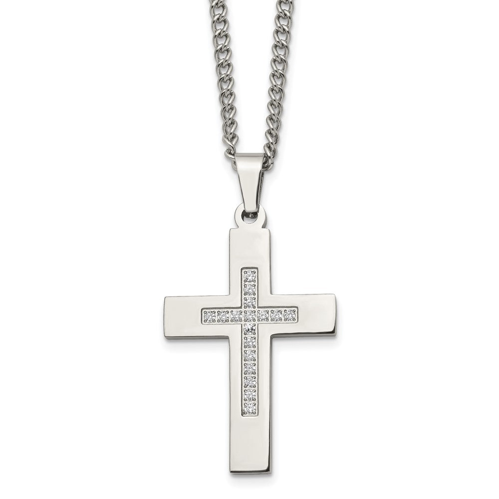 Stainless Steel Polished w/CZ Cross 24in Necklace