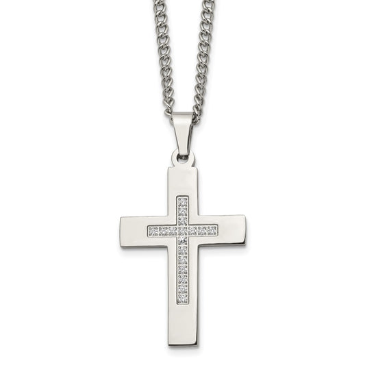Stainless Steel Polished w/CZ Cross 24in Necklace