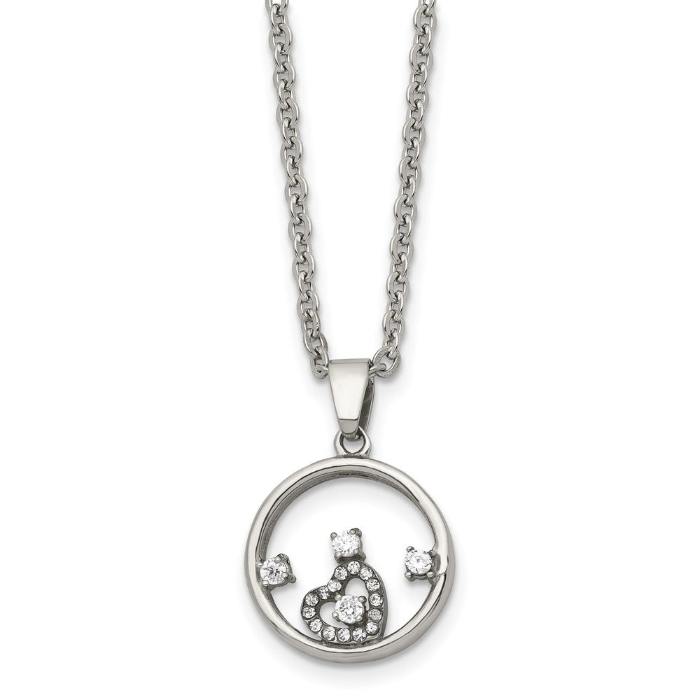 Stainless Steel Polished Circle with Heart CZ 18in Necklace