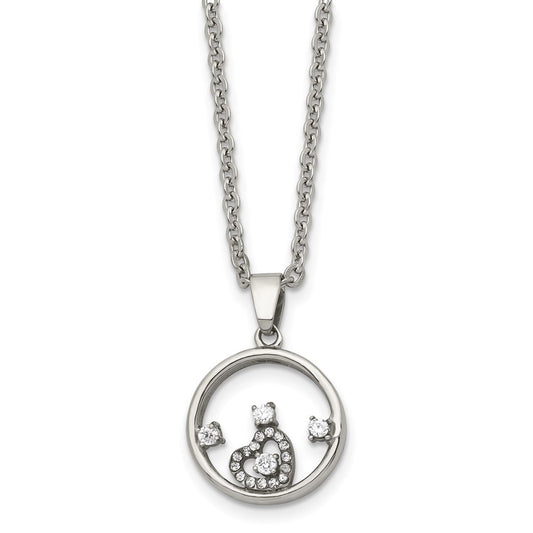 Stainless Steel Polished Circle with Heart CZ 18in Necklace