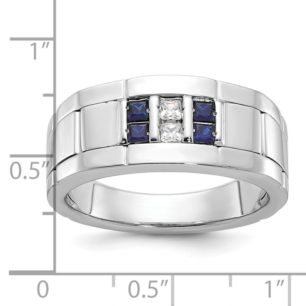 IBGoodman 14k White Gold Men's Polished and Grooved Lab Created Sapphire and 1/10 Carat AA Quality Diamond Ring