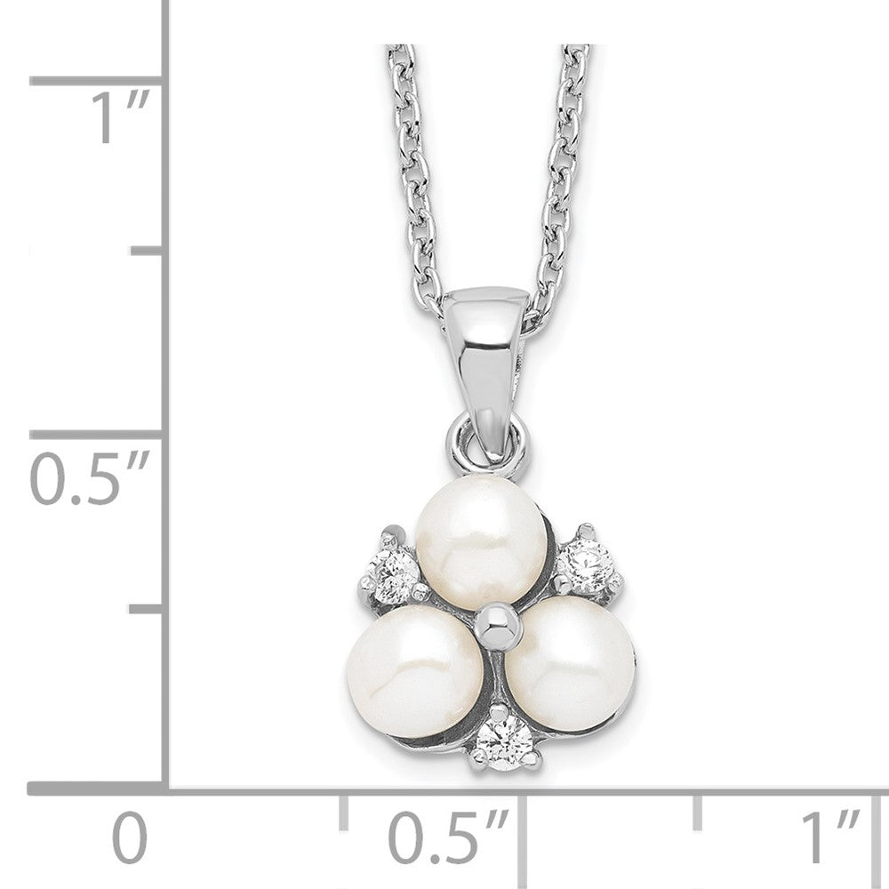 Sterling Silver Rhodium-plated 5-6mm White Button Freshwater Cultured 3-Pearl and CZ 17 inch Necklace 17 Inches