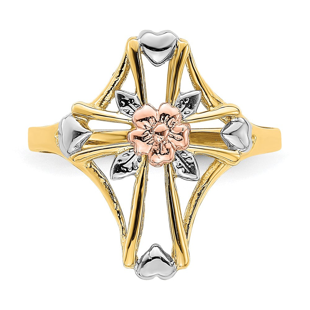 14K Two-tone W/White Rhodium Polished Cross w/Flower Ring Size 7