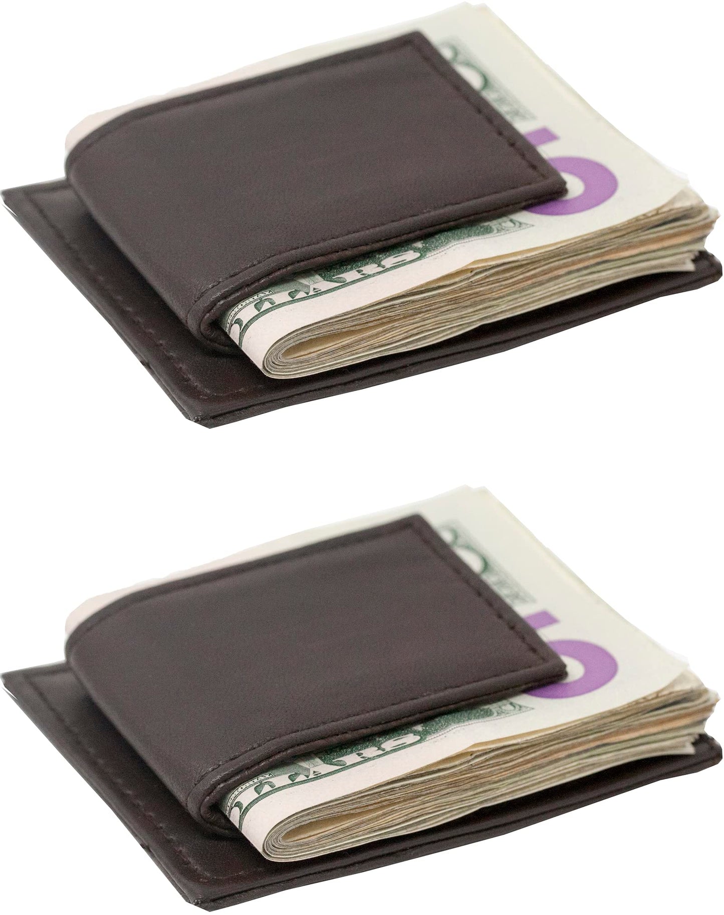 Set of 2 - Made in India Genuine Cowhide Slim Leather Front Pocket Wallet and Magnetic Money Clip (Brown)