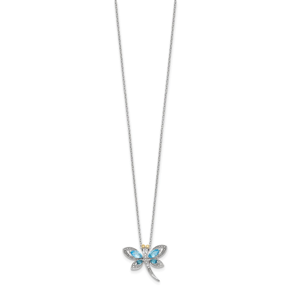 Brilliant Gemstones Sterling Silver with 14K Accent Rhodium-plated Light Blue Topaz and London Blue Topaz and Diamond Dragonfly 18 Inch Necklace with 2 Inch Extender 17 Inches