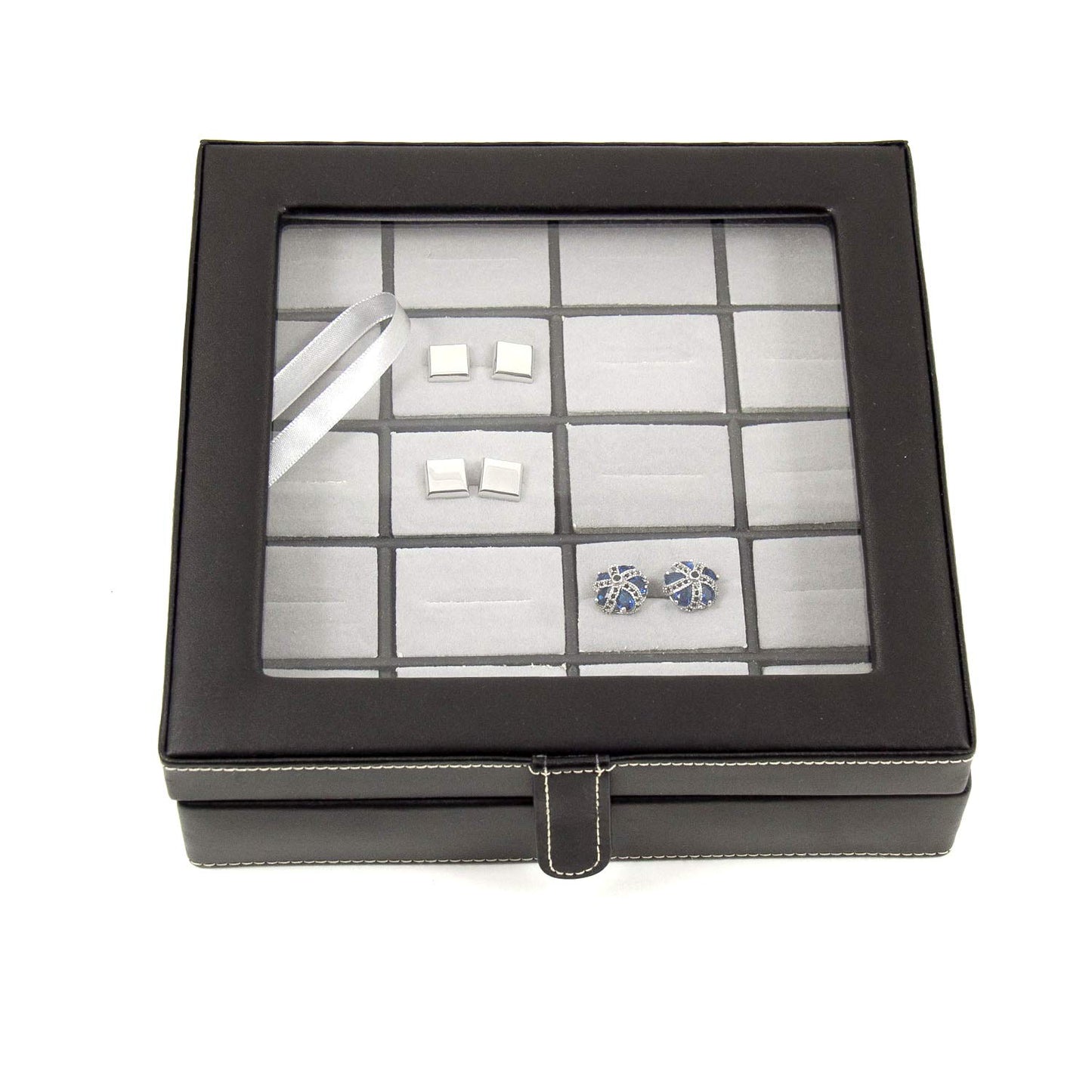 Bey-Berk International BB579BLK Black Leather 20 Cufflink Box with Glass Top & Snap Closure