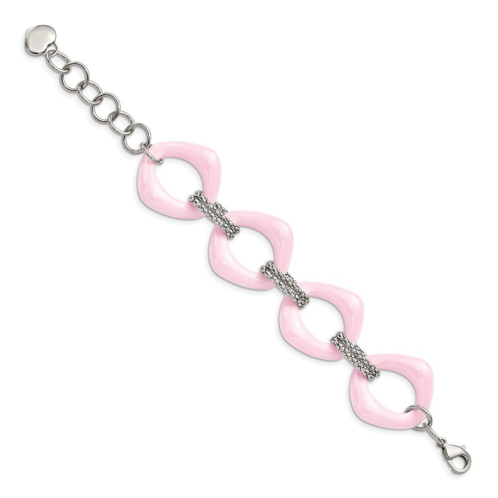 Stainless Steel Polished w/Pink Ceramic 8in Bracelet 8 inches