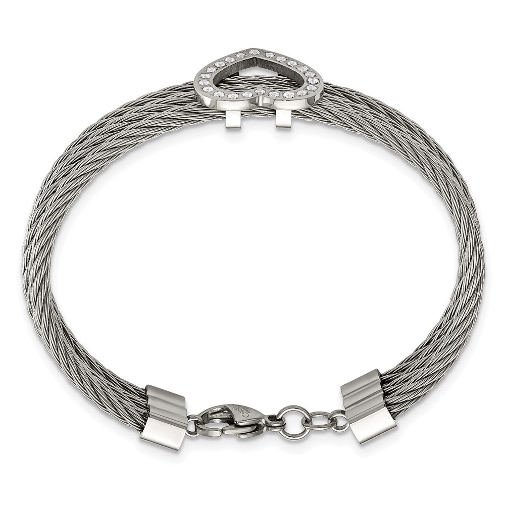 Stainless Steel Polished Heart w/CZ 7.5in Bracelet 7.25 inches
