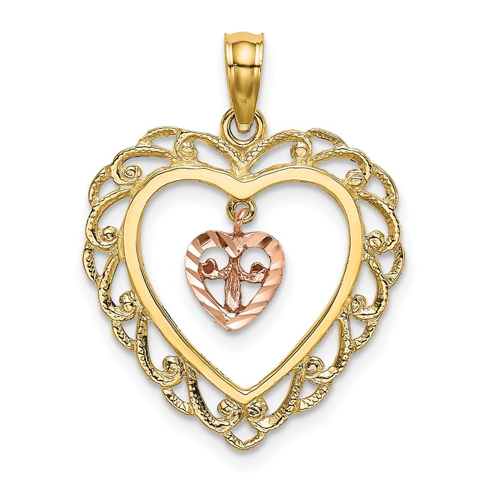 14k Two-Tone Diamond-cut Mini Heart In Center Heart Charm
