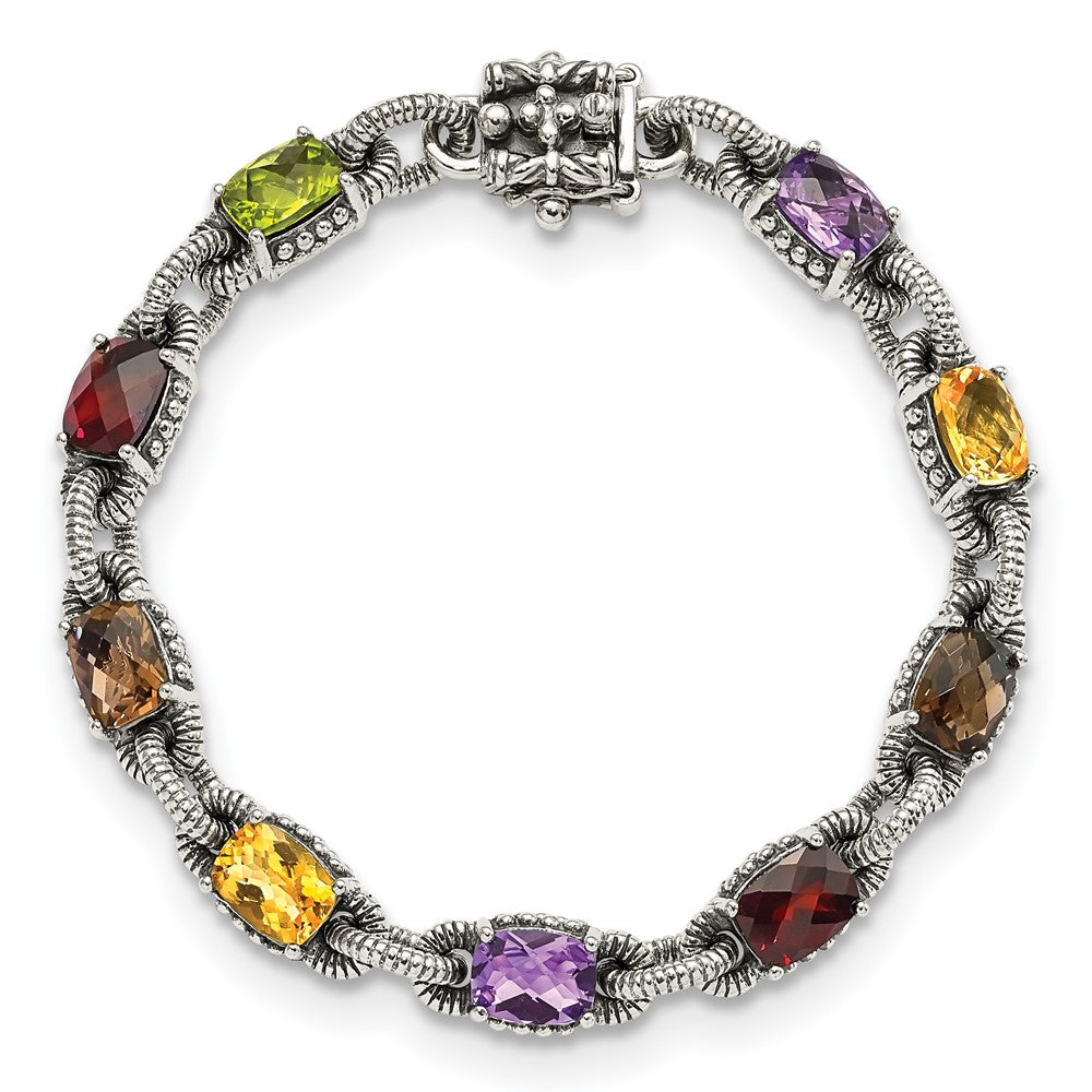 Shey Couture Sterling Silver 7.25 Inch Antiqued Cushion .86Amethyst/.86Citrine/1.10Garnet/.55Peridot/.86Smoky Quartz Bracelet 7.25 inches