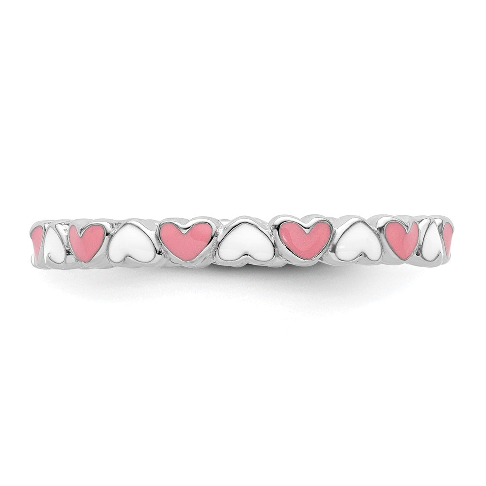 Sterling Silver Stackable Expressions Pink & White Enamel Heart Ring Size -6