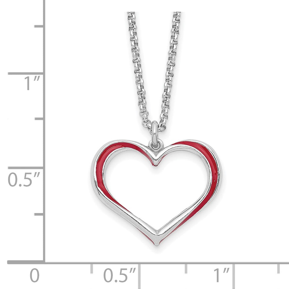 Sterling Silver Rhodium Plated Red Enamel Heart Adjustable 16 inch Necklace with1 inch extension 16 Inches