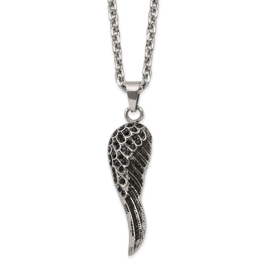 Stainless Steel Antiqued & Polished with Black Crystal Wing 24in Necklace