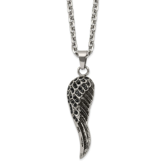 Stainless Steel Antiqued & Polished with Black Crystal Wing 24in Necklace