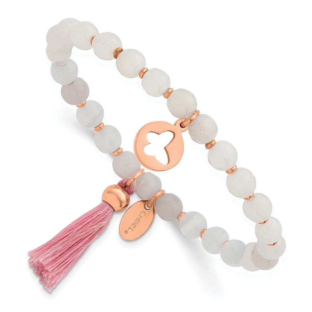 Stainless Steel Polished Rose IP Butterfly Pink Agate Beaded Stretch Bracel 6.25 inches