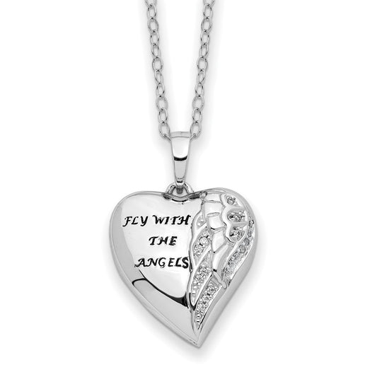 Sentimental Expressions Sterling Silver Rhodium-plated Antiqued CZ Fly With The Angels Ash Holder 18 Inch Necklace 18 Inches