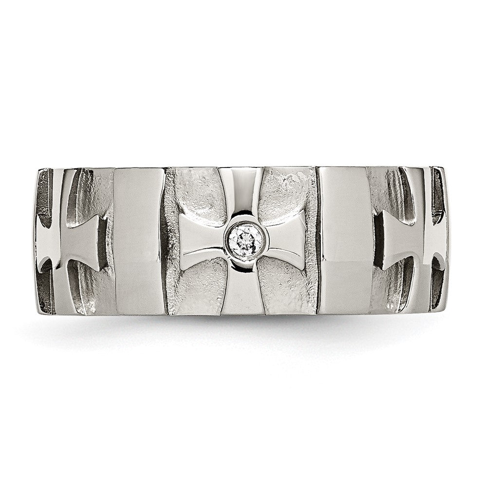 Stainless Steel Brushed & Polished 3pt Diamond Cross 9mm Band Size - 8.5